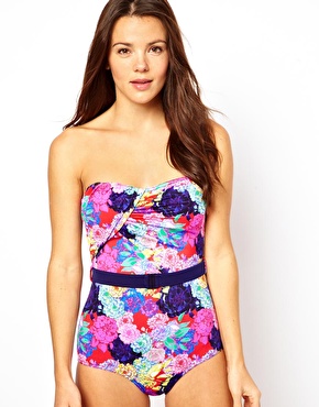 Image 1 of ASOS Penelope Floral Belted Bandeau Swimsuit